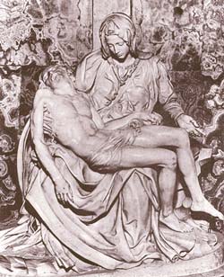 Микеланджело. «Пьета». 1498-1499. Собор святого Петра. Рим. «Пьета» (сцена оплакивания Христа богоматерью) является одним из ранних произведений Микеланджело, но оно свидетельствует о творческой зрелости мастера