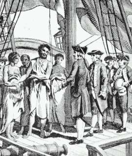 На боту барка "Резолюшн" Кук принимает таитянского вождя О-Таи с женой и сестрой. На многих островах Полинезии в английском мореплавателе видели друга